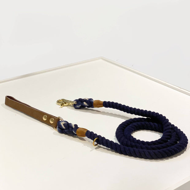 Navy Blue | Leather and Rope Leash - Wag Swag Brand Inc